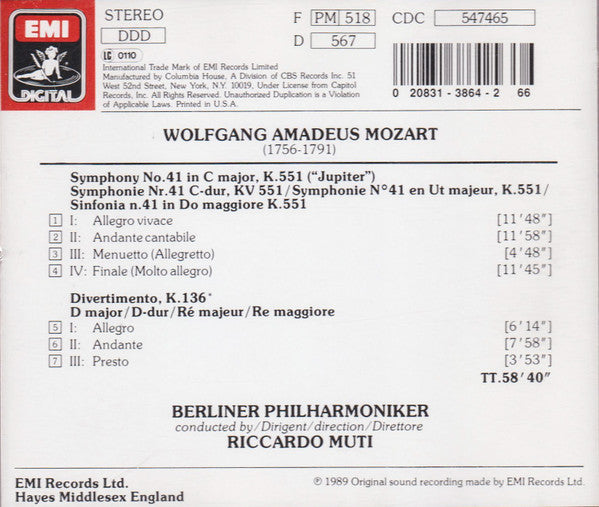 Wolfgang Amadeus Mozart, Berliner Philharmoniker, Riccardo Muti : Symphonie No. 41 'Jupiter'. Divertimento KV 136. (CD, Album, Club)