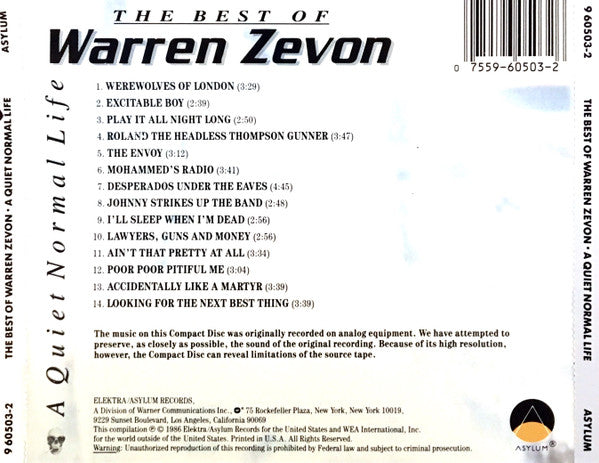 Warren Zevon : A Quiet Normal Life: The Best Of Warren Zevon (CD, Comp, Wes)