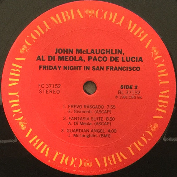 John McLaughlin / Al Di Meola / Paco De Lucía : Friday Night In San Francisco (LP, Album, Pit)