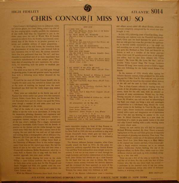 Chris Connor : I Miss You So (LP, Album, Mono)