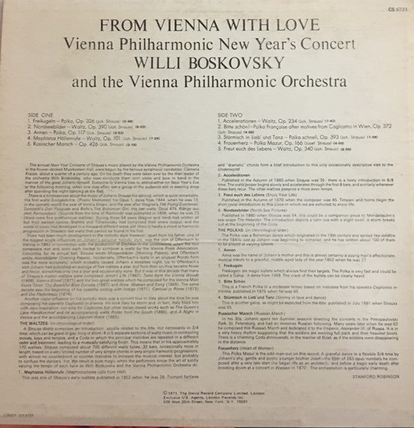 Willi Boskovsky, Wiener Philharmoniker, Johann Strauss Jr. : From Vienna With Love, Vienna Philharmonic New Year's Concert (LP, Album)