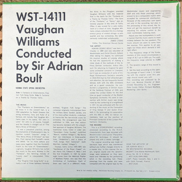 Ralph Vaughan Williams : Sir Adrian Boult : Fantasia On 'Greensleeves' / English Folk Song Suite / Fantasia On A Theme By Thomas Tallis (LP, Album)