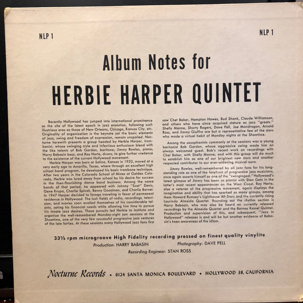 Herbie Harper Quintet : Jazz In Hollywood Series (10", Album, Mono)