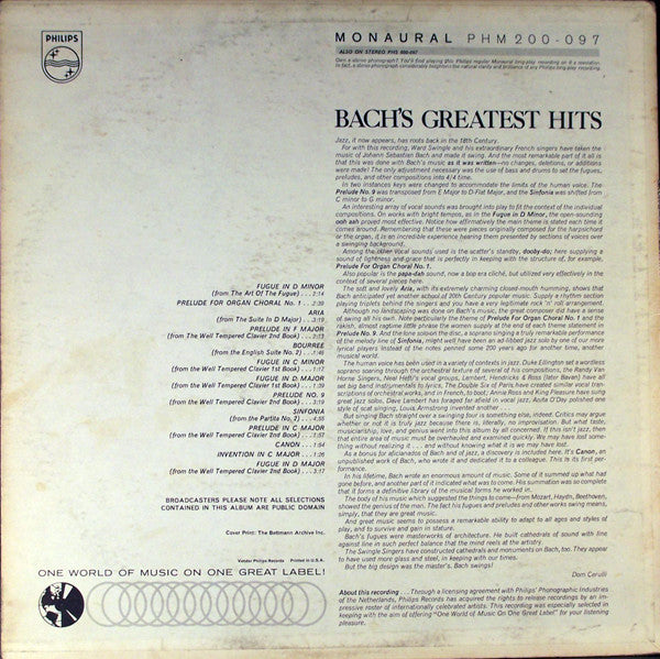 Les Swingle Singers : Bach's Greatest Hits (LP, Mono)