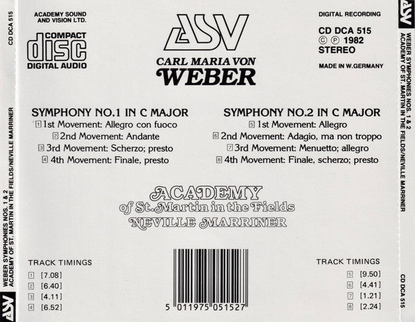 Carl Maria von Weber - The Academy Of St. Martin-in-the-Fields, Sir Neville Marriner : Symphonies Nos: 1 & 2 (CD, RE)