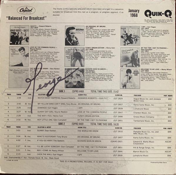 Various : The Capitol Disc Jockey Album (January 1968) (LP, Album, Promo, Smplr, Transcription)