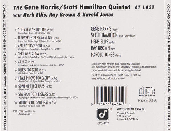 The Gene Harris/Scott Hamilton Quintet With Herb Ellis, Ray Brown & Harold Jones : At Last (CD, Album)