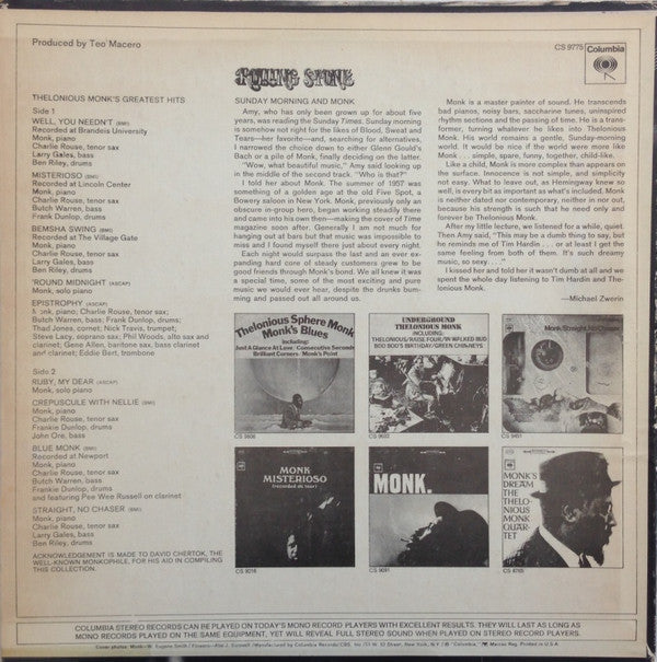 Thelonious Monk : Monk's Greatest Hits (LP, Comp, RE, Pit)