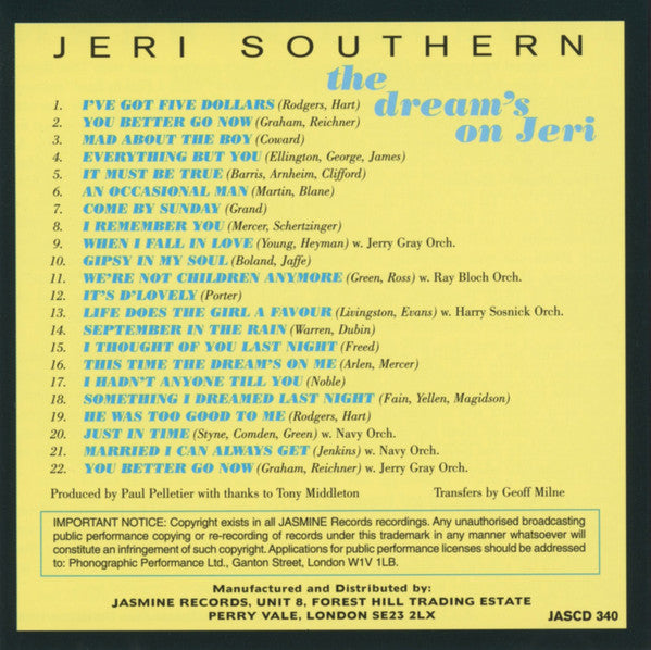 Jeri Southern : The Dream's On Jeri (CD, Album, Comp, Mono)