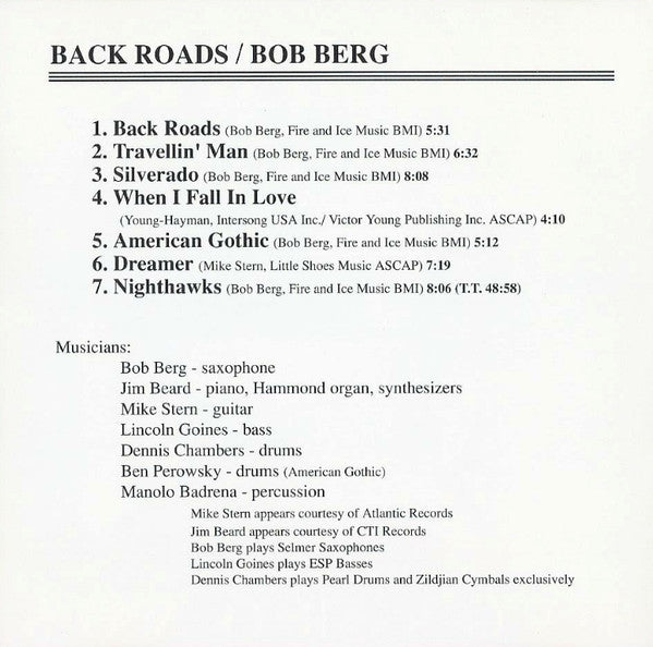 Bob Berg : Back Roads (CD, Album, Promo)