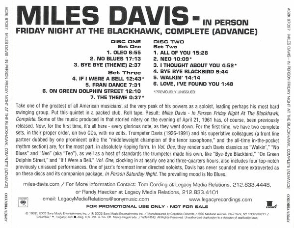 Miles Davis : In Person, Friday Night At The Blackhawk, San Francisco, Complete (Volume I) (2xCD, Advance, Album, Promo, RM)