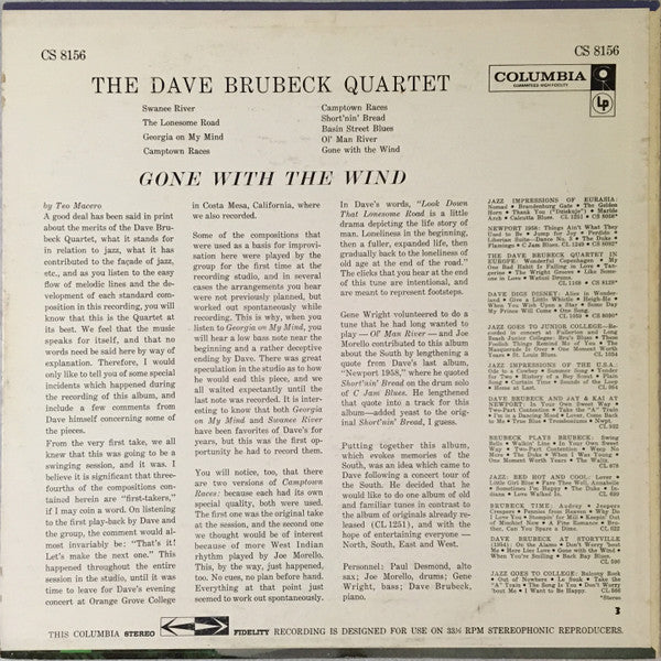 The Dave Brubeck Quartet : Gone With The Wind (LP, Album, RP, Ter)