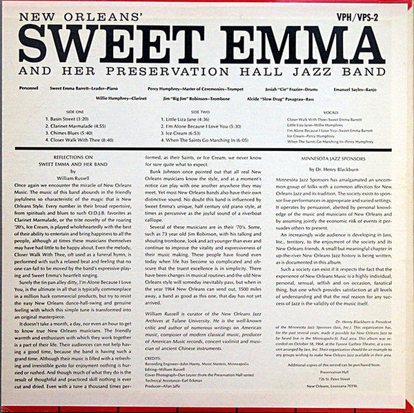 Emma Barrett And Her Preservation Hall Jazz Band : New Orleans' Sweet Emma And Her Preservation Hall Jazz Band (LP, Album, RE)