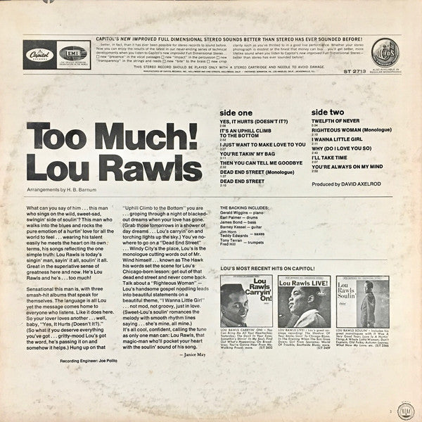 Lou Rawls : Too Much! (LP, Album, Scr)