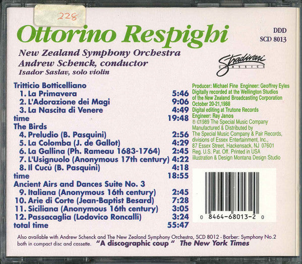 Ottorino Respighi, The New Zealand Symphony Orchestra, Andrew Schenck : Trittico Botticelliano / The Birds / Ancient Airs & Dances (CD)