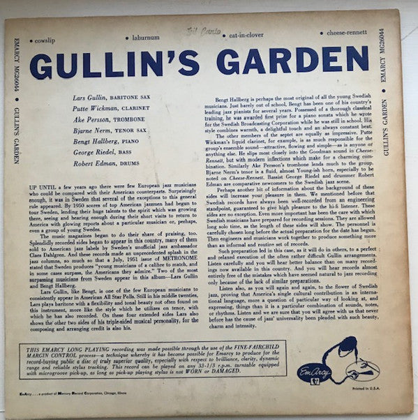 Lars Gullin Septet : Gullin's Garden (10", Album)