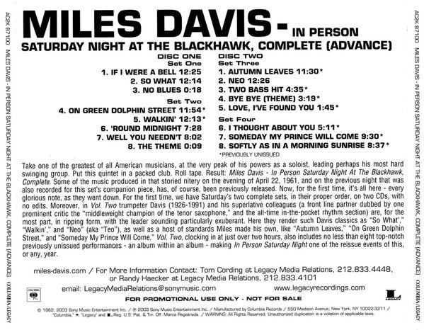 Miles Davis : In Person, Saturday Night At The Blackhawk, San Francisco, Complete (Volume II) (2xCD, Advance, Album, Promo, RM)