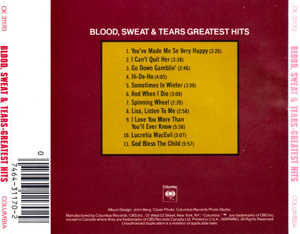 Blood, Sweat & Tears* : Blood, Sweat & Tears Greatest Hits (CD, Comp, RE, RP)