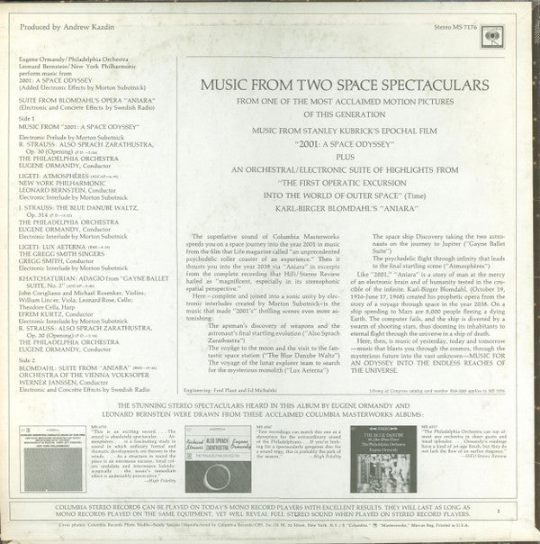 Eugene Ormandy / The Philadelphia Orchestra / Leonard Bernstein / The New York Philharmonic Orchestra / Werner Janssen / Wiener Volksopernorchester : Selections From "2001: A Space Odyssey" / Suite From "Aniara" (LP, Album, Comp)