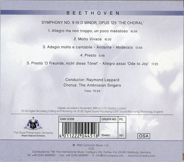 Ludwig van Beethoven - The Royal Philharmonic Orchestra, Raymond Leppard, The Ambrosian Singers : Symphony No. 9 In D Minor, Opus 125 "The Choral" (CD)