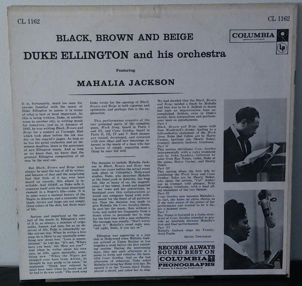 Duke Ellington And His Orchestra Featuring Mahalia Jackson : Black, Brown And Beige (LP, Album, Mono)