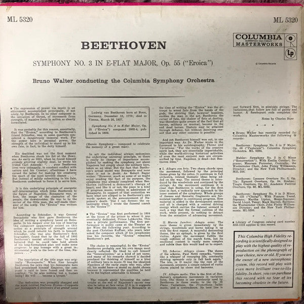 Ludwig van Beethoven, Bruno Walter, Columbia Symphony Orchestra : Symphony No. 3 In E Flat Major, Op. 55  ("Eroica") (LP, Mono)