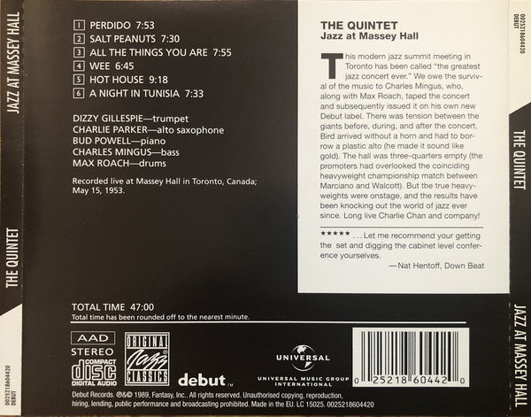 The Quintet : Jazz At Massey Hall (CD, Album, RE, RM, EDC)