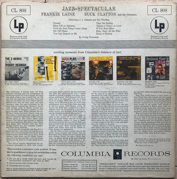 Frankie Laine And Buck Clayton And His Orchestra Featuring J.J. Johnson And Kai Winding : Jazz Spectacular (LP, Album, Mono)