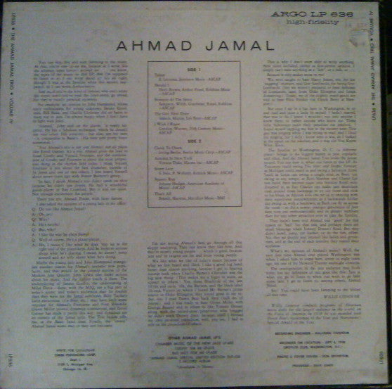 The Ahmad Jamal Trio* : Volume IV (LP, Album, Mono)