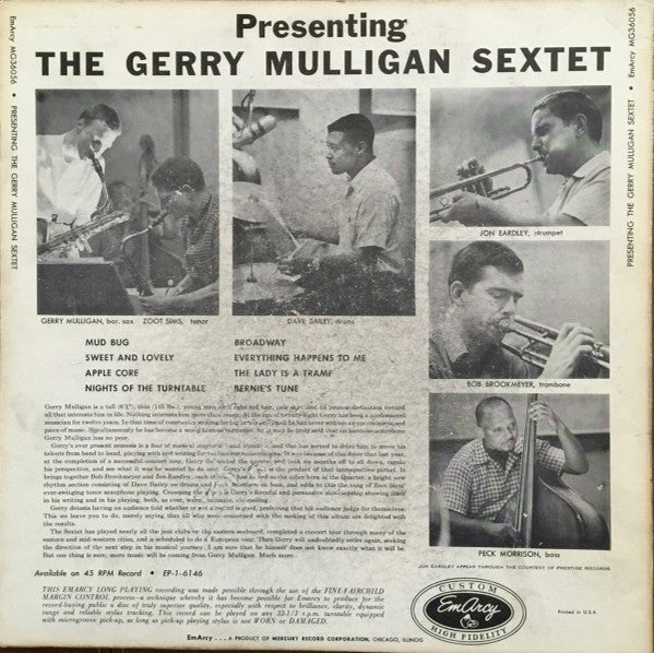 Gerry Mulligan And His Sextet : Presenting The Gerry Mulligan Sextet (LP, Album, Mono, Ind)