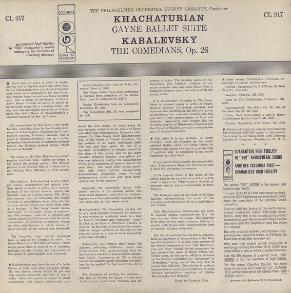 Aram Khatchaturian / Dmitry Kabalevsky / The Philadelphia Orchestra Conducted By Eugene Ormandy : Gayne Ballet Suite / The Comedians. Op.26 (LP, Mono, Bri)