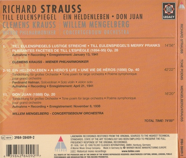 Richard Strauss – Willem Mengelberg, Concertgebouworkest / Clemens Krauss, Wiener Philharmoniker : Till Eulenspiegel • Ein Heldenleben • Don Juan (CD, Comp, Mono, RE, RM, Gat)