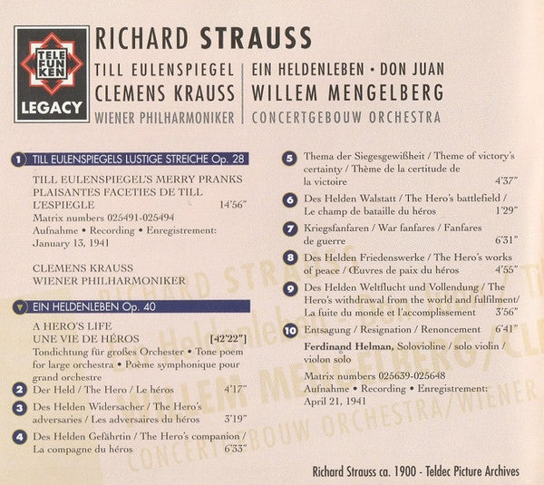 Richard Strauss – Willem Mengelberg, Concertgebouworkest / Clemens Krauss, Wiener Philharmoniker : Till Eulenspiegel • Ein Heldenleben • Don Juan (CD, Comp, Mono, RE, RM, Gat)