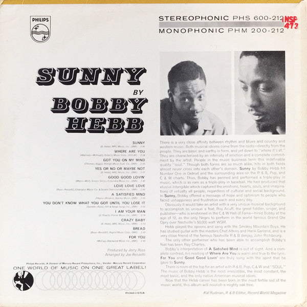 Bobby Hebb : Sunny by Bobby Hebb (LP, Album, Mono, Mer)