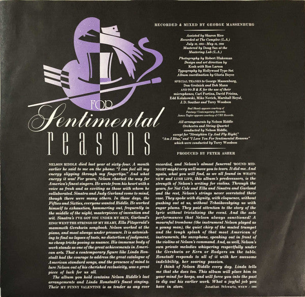 Linda Ronstadt With Nelson Riddle And His Orchestra : For Sentimental Reasons (LP, Album, Club, RCA)