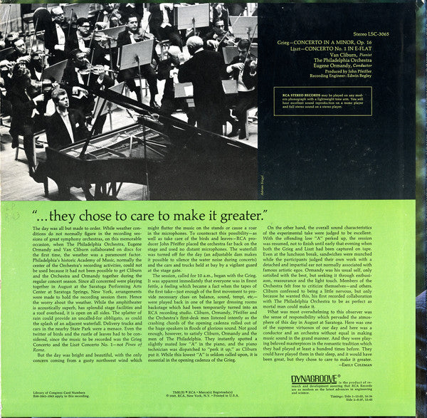 Van Cliburn · Eugene Ormandy · The Philadelphia Orchestra – Edvard Grieg / Franz Liszt : Concerto In A Minor / Concerto No. 1 In E-Flat (LP, Album, Ind)