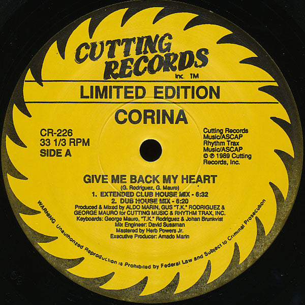 Corina : Give Me Back My Heart (Limited Edition House Mixes) (12", Ltd)