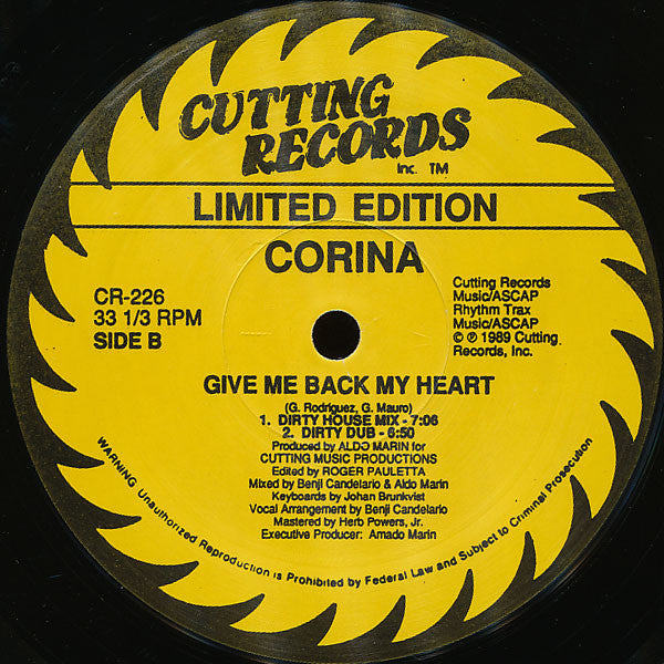 Corina : Give Me Back My Heart (Limited Edition House Mixes) (12", Ltd)