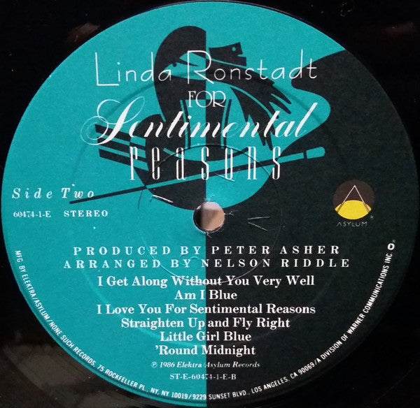 Linda Ronstadt With Nelson Riddle And His Orchestra : For Sentimental Reasons (LP, Album, All)