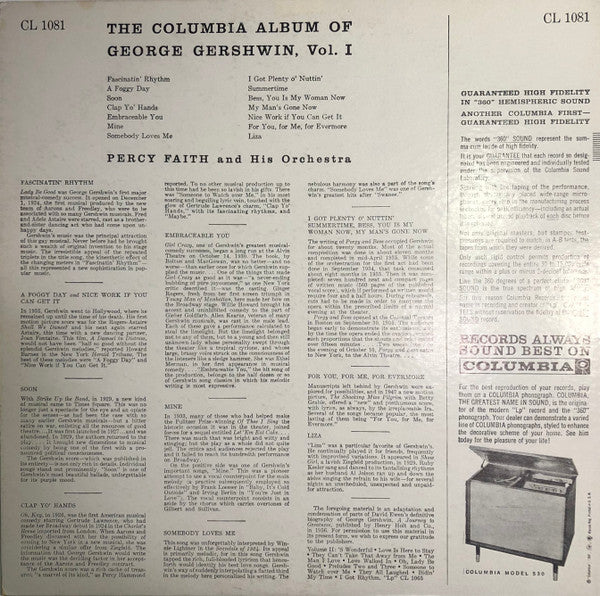 Percy Faith & His Orchestra : The Columbia Album Of George Gershwin, Vol. 1 (LP, Album, Mono)