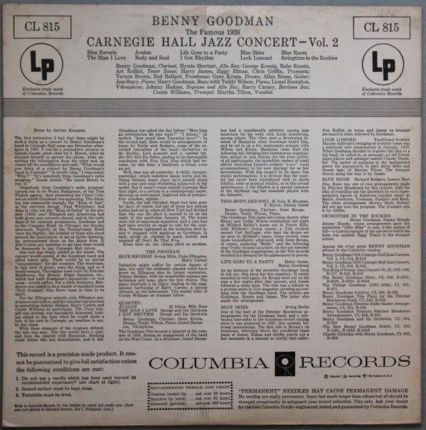 Benny Goodman : The Famous 1938 Carnegie Hall Jazz Concert - Vol. 2 (LP, Album, Mono, RE)