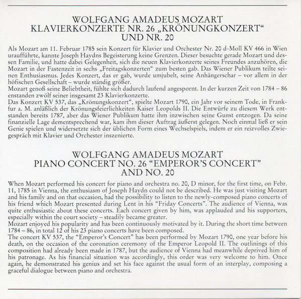 Wolfgang Amadeus Mozart : Klavierkonzerte Nr. 26 „Krönungskonzert“ Und Nr. 20 (CD)