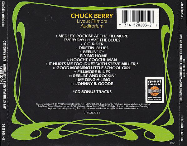 Chuck Berry : Live At The Fillmore Auditorium - San Francisco (CD, Album, Comp, RE)