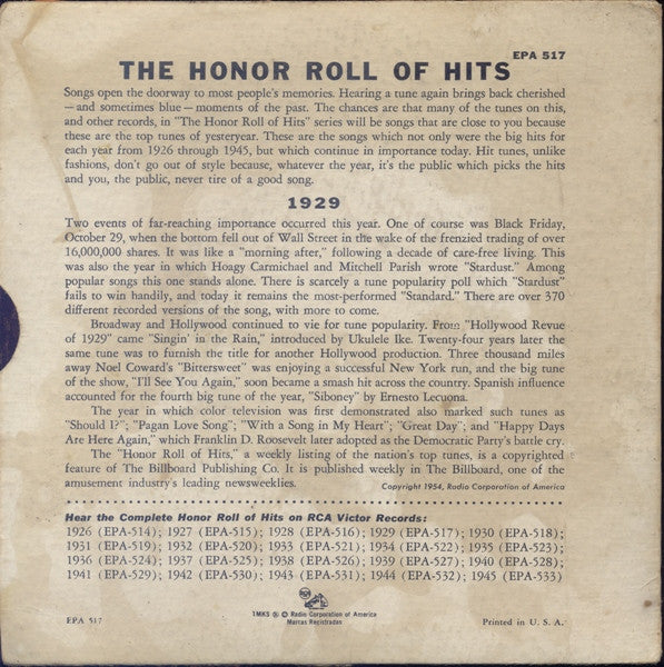 Various : Honor Roll Of Hits 1929 (7", EP)