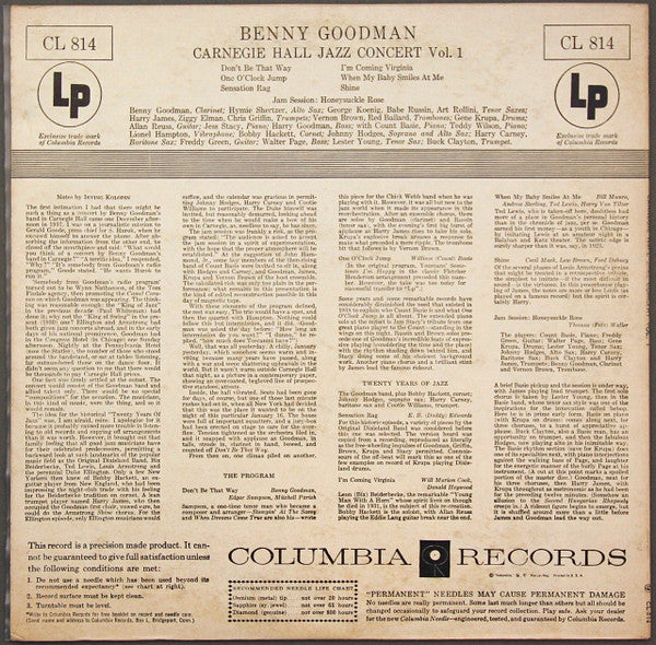 Benny Goodman : The Famous 1938 Carnegie Hall Jazz Concert - Vol. 1 (LP, Album, Mono, RE)