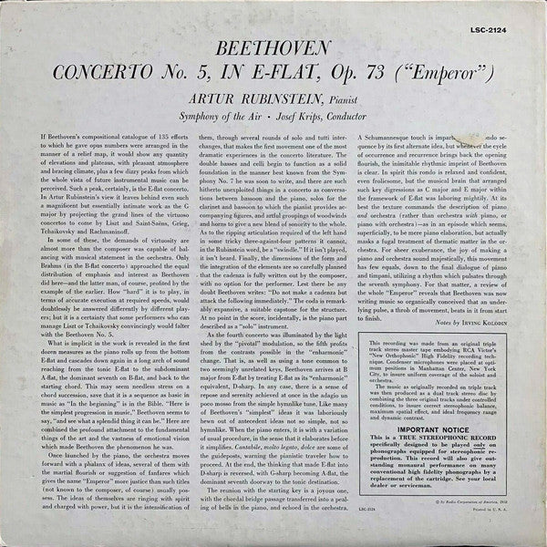 Ludwig Van Beethoven, Arthur Rubinstein  · Josef Krips  · Symphony Of The Air : (Emperor)  Concerto No. 5 (LP, Album, Sha)