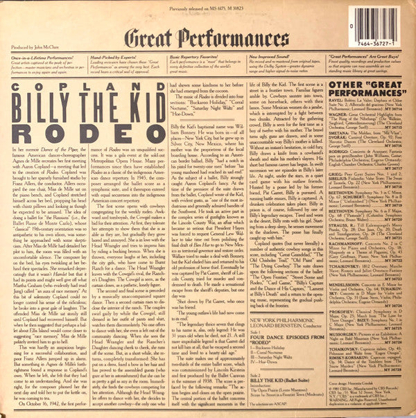 Aaron Copland, Leonard Bernstein, The New York Philharmonic Orchestra : Billy The Kid / Rodeo (LP, Album, RE)