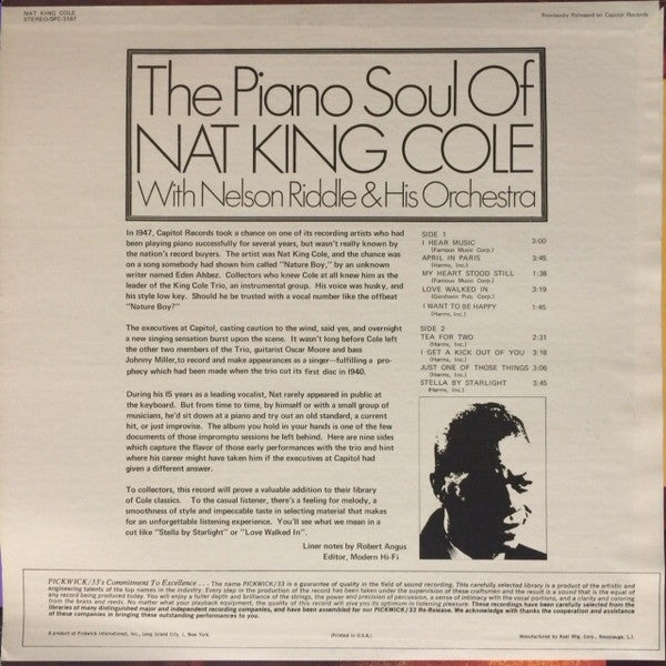 Nat King Cole With Nelson Riddle And His Orchestra : The Piano Soul Of Nat King Cole (LP, Album, RE)