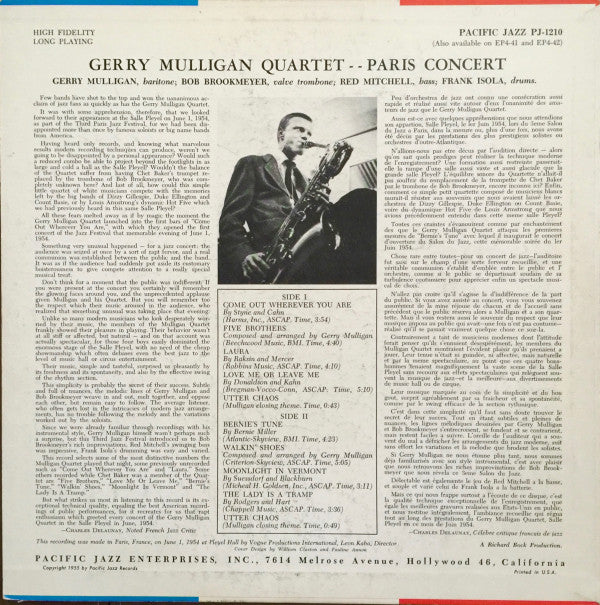 Gerry Mulligan Quartet : Paris Concert (LP, Album, Mono)