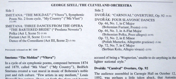 Bedřich Smetana / Antonín Dvořák : George Szell, The Cleveland Orchestra : The Moldau, Three Dances From The Bartered Bride / Carnival Overture - Four Slavonic Dances (LP, RE, RM)